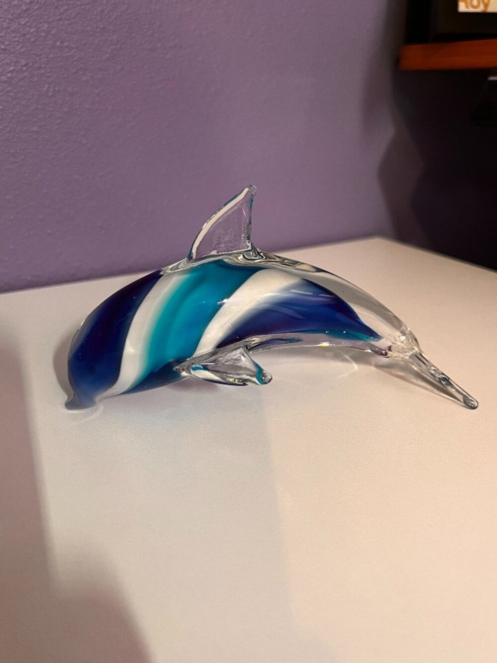 Hand Blown Art Glass 6" Long Blue/White Swirl Dolphin Paperweight Figurine